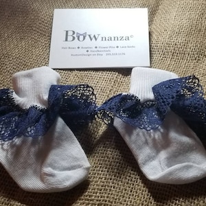 Little Girls|Girls|Infant|Toddler Occasion Cuffed White Ruffled Socks with Navy Blue Lace