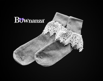 Women's 100% Cotton Cuffed Lace Trim Socks