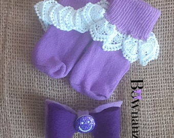 NEW Christening | Baptism Wedding | Lavender Girl's Cotton | Lace Cuffed Sock NEWBORN & Kids Sock with Matching Bow