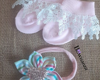 NEW Christening | Baptism Wedding | Pink Girl's Cotton | Lace Cuffed Sock NEWBORN & Kids Sock with Matching Headband