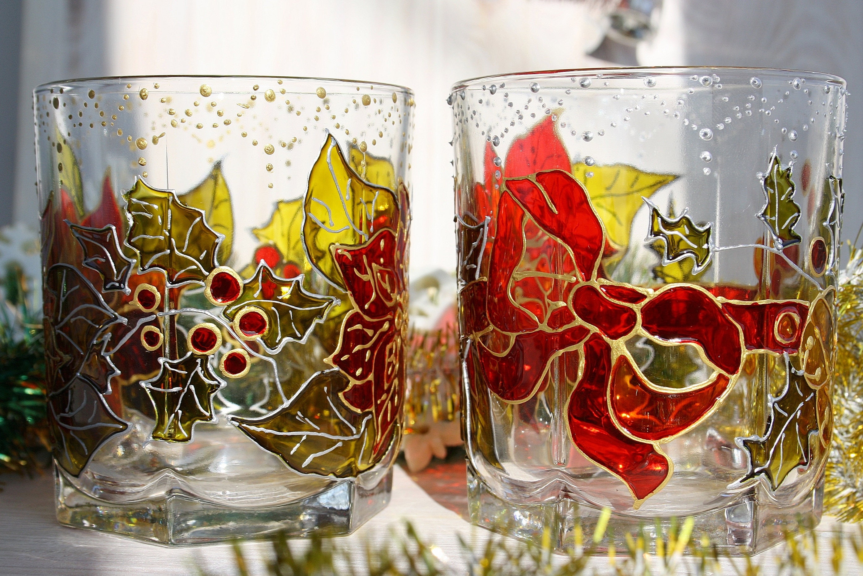 Hand painted christmas candle holders set Pair of stained Etsy