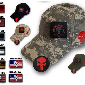 May include: A collection of tactical caps and patches featuring a skull design. The caps come in various colors and camouflage patterns. Patches include the American flag with a skull, and the text "PUNISHER TACTICAL GEAR AUTHENTIC".
