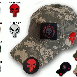 May include: A camouflage baseball cap with a black patch featuring a skull and the text "Punisher Tactical Gear Authentic". The cap has a red skull patch on the side. There are several other skull patches in different colors shown in the image.