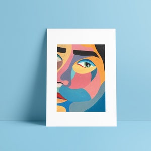 Portrait de femme géométrique moderne - Art mural IMPRIMABLE - A4 A5 A6 IMPRESSION NUMÉRIQUE bleu et rose - Art abstrait géométrique Téléchargement instantané
