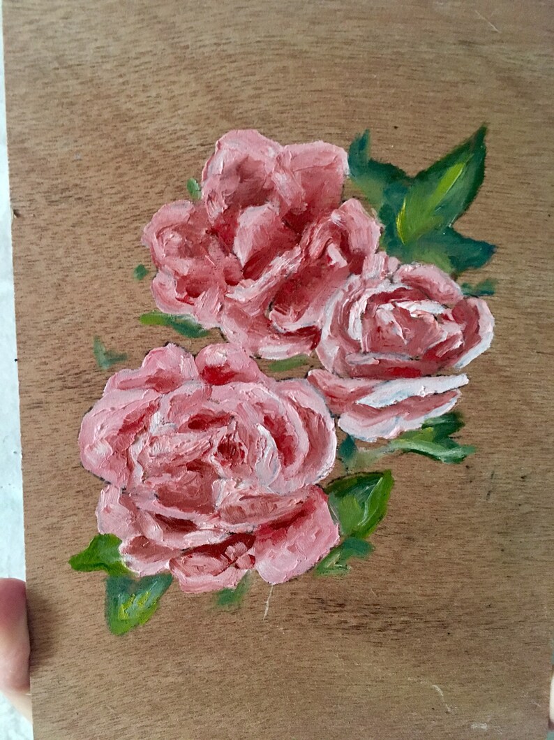 Oil Painting on Wood Pink Roses Botanical 5x7 Inch Etsy