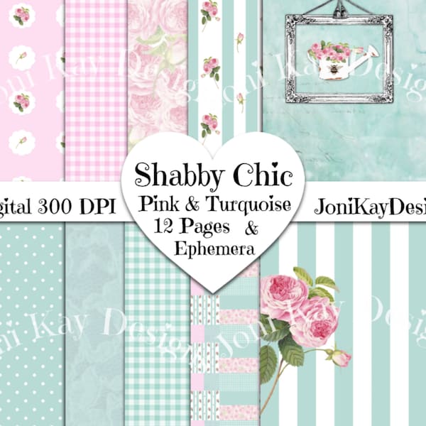 Shabby Chic Pink & Turquoise Digital Paper Set, Printable Junk Journal,