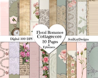 Floral Romanze Cottagecore digitales Papier Set, Junk Journal digitale Kunstwerk, Sie drucken Ephemera, wunderschöne Spitze & Rose digitales Papier