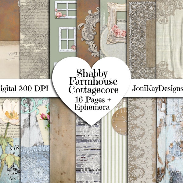 Shabby Farmhouse Cottagecore Digital Papers With Lace, Printable Junk Journal, You Print Ephemera For Journal, Digital Paper Set,