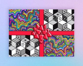 CLEARANCE - Birthday Present Card - Trippy - Wrapping Paper - Colorful