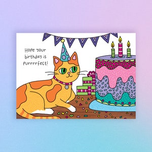 Orange Cat Birthday Card - Happy Birthday - Cake