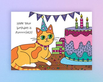 Orange Cat Birthday Card - Happy Birthday - Cake