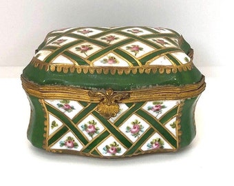 Victorian enamel trinket box with pretty brass / bronze shell. Pretty on a dressing table. Lovely present.