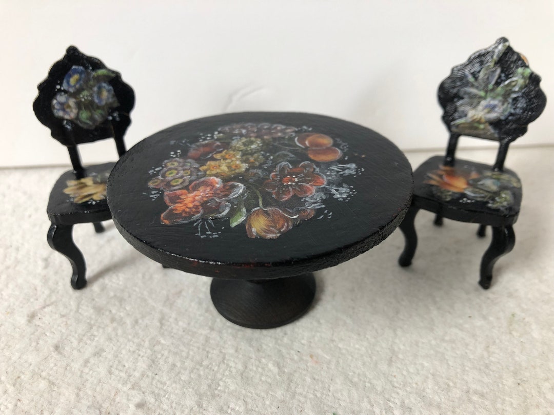 A Very Pretty Dolls House Wooden Table Complete With Two Chairs, With