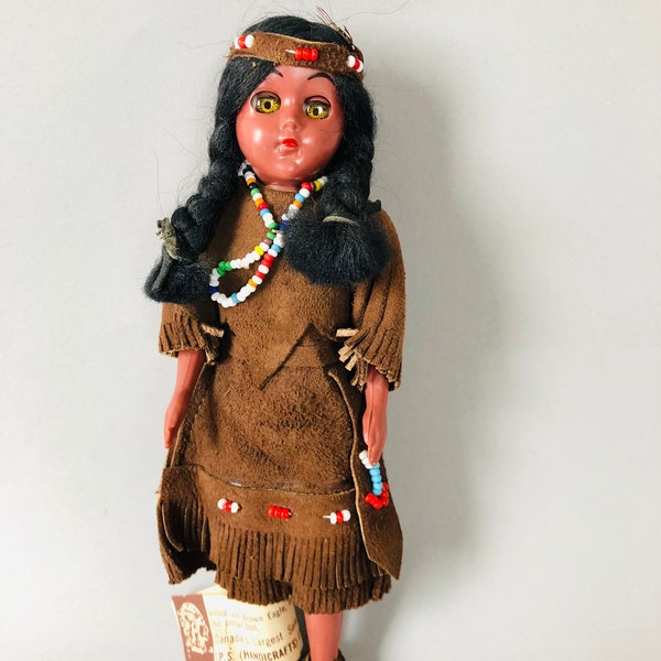 A vintage hard plastic Canadian doll in Native Indian costume.