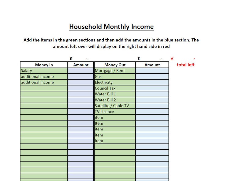 Monthly Household Budget Planner spreadsheet Excel