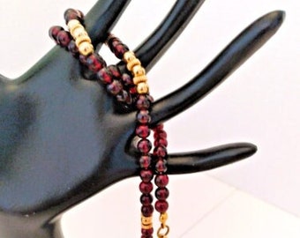 Vintage Garnet Necklace, Beads with Gold Balls Necklace