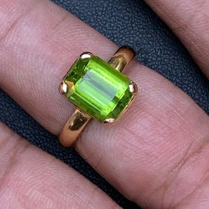 21K Gold Signet Ring: Emerald Cut Peridot, August Birthstone