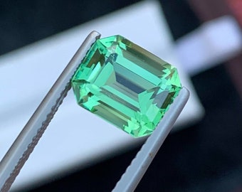 Emerald Cut Green Tourmaline Gemstone: Bluish Green Jewelry Stone, 3.70 CT