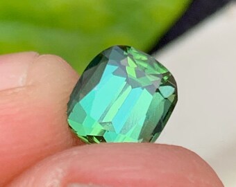 1.5 CT Bluish Green Tourmaline Gemstone: Flawless Cushion Cut