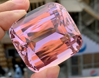 Peach Pink Kunzite Gemstone: 524 CT Cushion Cut, Flawless