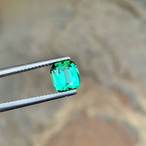 May include: A vibrant green gemstone, likely an emerald, is held in tweezers. The stone is oval-shaped and has a smooth, polished surface.