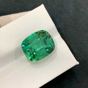 May include: A vibrant, emerald-green gemstone with a cushion cut. The gem is set against a white surface, showcasing its clarity and brilliance. The facets reflect light, creating a sparkling effect. The gemstone's shape is rectangular with rounded corners.