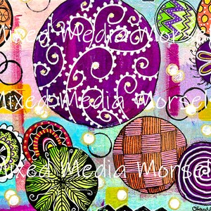 May include: Abstract painting with a colorful, whimsical design. The painting features a variety of circles with different patterns and colors, including purple, green, orange, and yellow. The circles are arranged in a random pattern on a light blue background. The painting is signed "Chanda 2015" in the lower right corner.