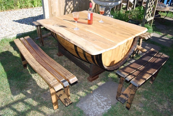 Whisky Barrel Garden Table Four Barrel Stave Benches Etsy