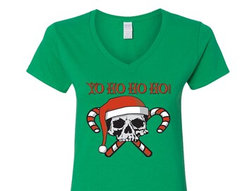 V-Neck for Women Ugly Christmas Shirts Yo Ho Ho Ho! Skeleton Head and Candy Sticks Xmas Gift Happy Holiday Women's V Neck Shirts