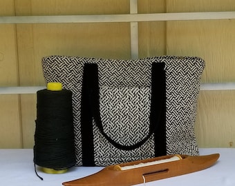 Sac fourre-tout en coton tissé à la main, tissu noir et crème, sac à main moyen