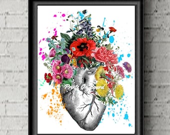 Watercolor Heart Art Anatomical heart and flowers, Human Heart . heart print, Flower print, Art Poster-Flowers Print- Science Gift.