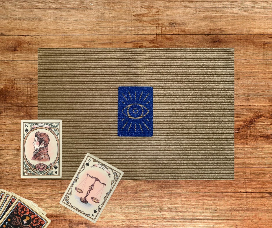Small Tarot Mat in Non-Slip Café au Lait Corduroy, Blue Glittery Oracle Card Pattern, Divinatory Drawing Tablecloth