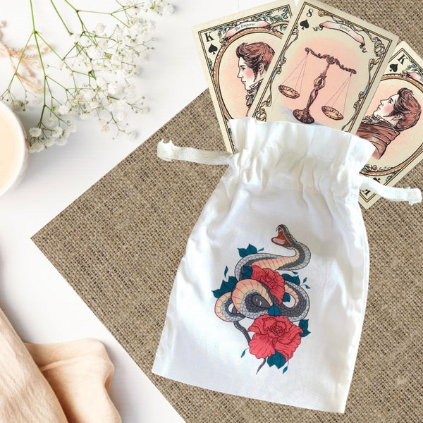 Sac de Tarot Serpent et Roses en Coton Blanc - Pochette de Tarot - Pochon de Tarot et Oracle