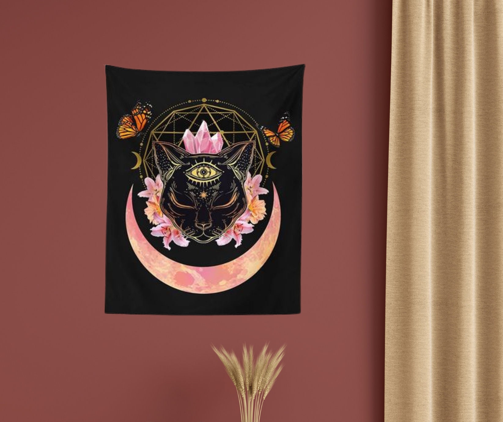 Black Cat Crystals and Moon Wall Tapestry Fabric Wall - Etsy