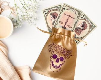 Flowered Skull Tarot Bag in Purple Glittery Gold Satin - Tarot Pouch - Tarot Pouch