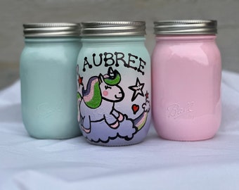 Unicorn Mason Jars, Hand Drawn Picture, Personalized with Name