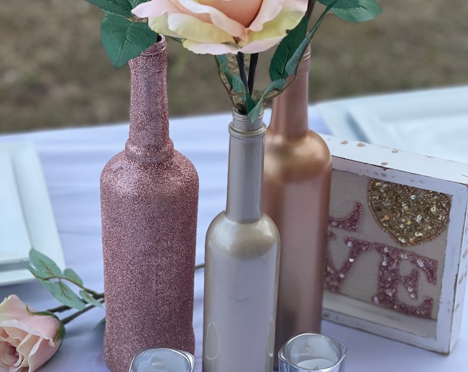 Featured listing image: Assorted Wine Bottles, Gloss & Glitter Painted, Love Trio Centerpiece