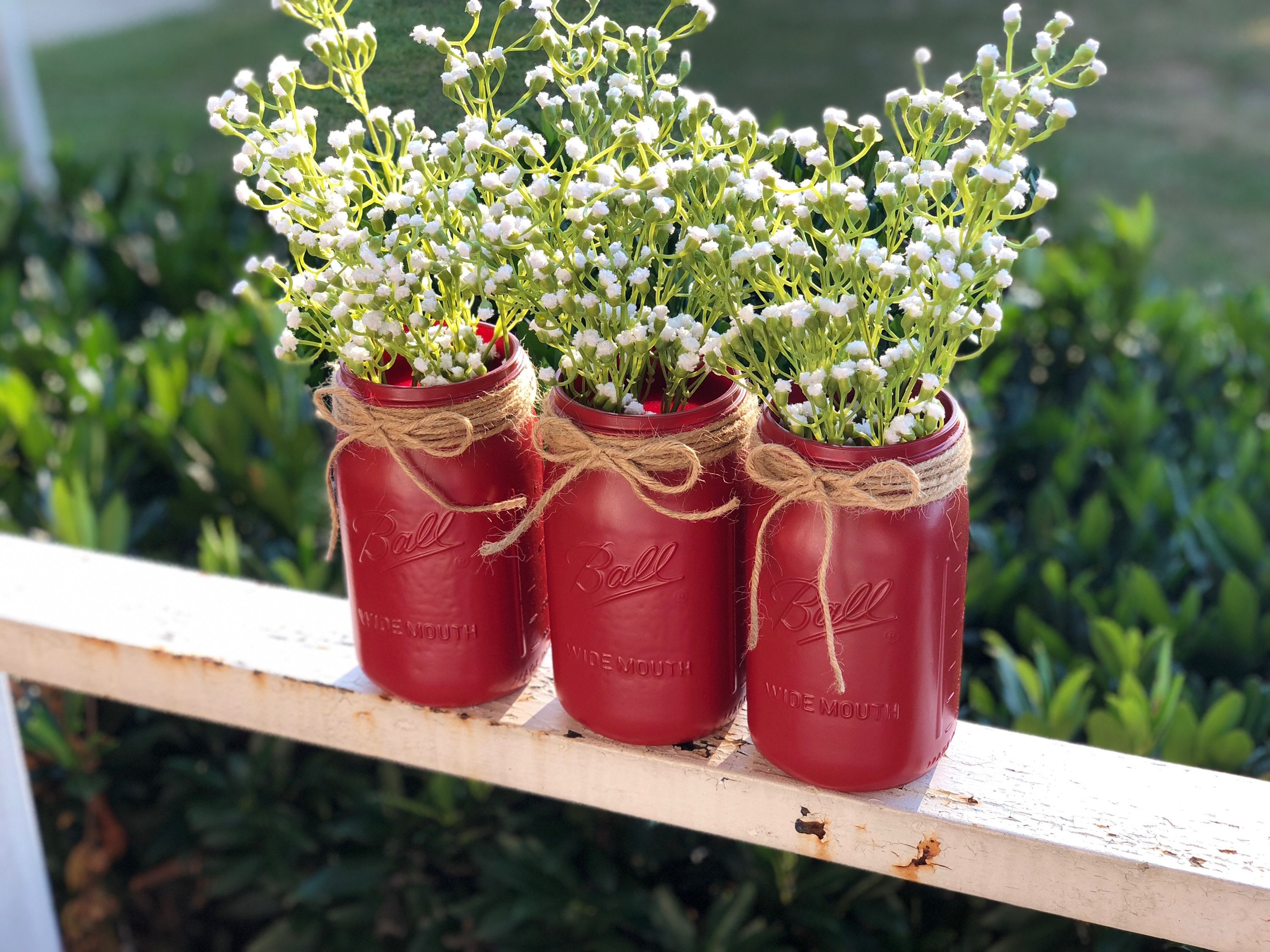 Mason Jars, Red with Rage, Baby's Breath