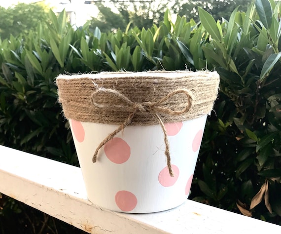Terra-Cotta Pot, Pink & White Polka Dots, Jute Twine Wrapped Lid