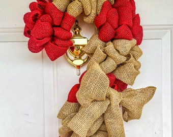 Burlap Wreath, Red and Tan, Candy Cane Shaped