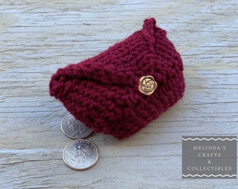 Burgundy Change Purse, Crocheted, Gold Rose Accent