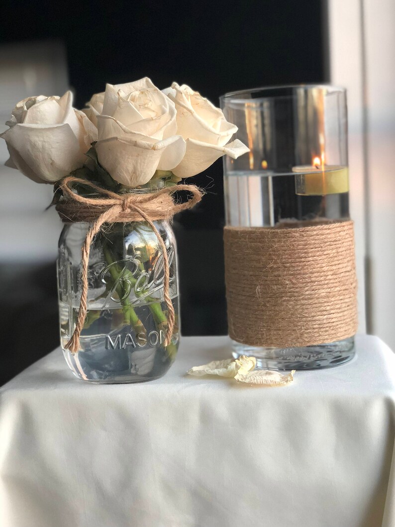 Mason Jar Centerpiece Elegant Vase Jute Twine Jar Etsy