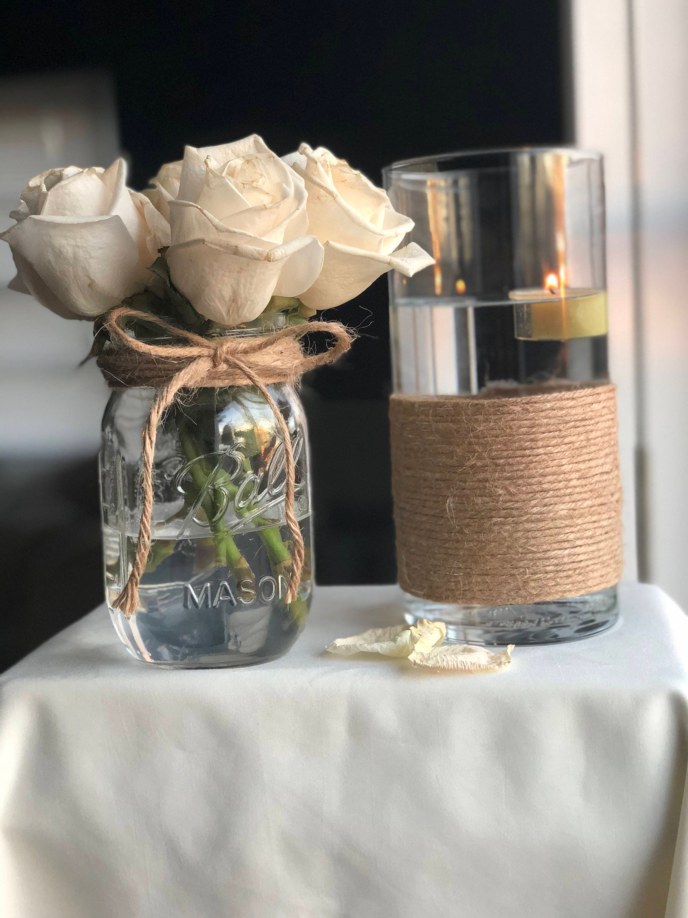 Mason Jar Centerpiece, Elegant Vase, Jute Twine Jar