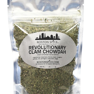 May include: A silver resealable pouch filled with dried herbs and spices. The pouch has a white label with black text that reads "Boston Spice" "Start a Revolution in Your Mouth" "Revolutionary Clam Chowdah" "Clam Chowder Spice Blend" "Ingredients: rosemary, thyme, basil, oregano, parsley, dill, tarragon, marjoram, sage" "BostonSpice.com" "34 Sharron Dr. S Easton MA 02375" "Net wt. oz g"