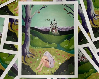 Outside the Castle Grounds Art Print, Castle Print, Fairytale Art Print, Nature Print, Children’s Wall Art, Home Decor