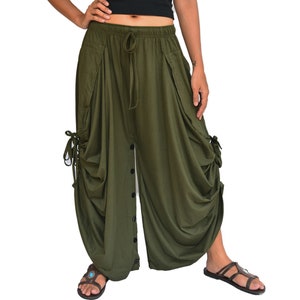 Harem pants women wearable as pants or as a skirt. Just button it up.