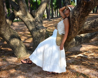 Smocked Boho Maxi Skirt handmade casual loose Summer Skirt cotton A line