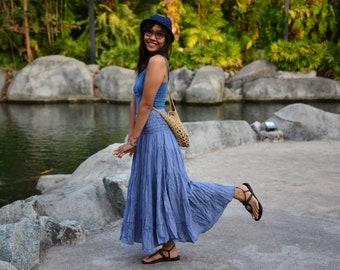 Smocked Boho Maxi Skirt handmade casual loose Summer Skirt cotton A line