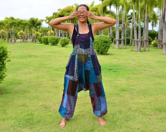 Jumpsuit, Harem broek stijl, Hippie jurk, vrouwen, patchwork, stonewashed katoen, handgemaakte unieke jurk