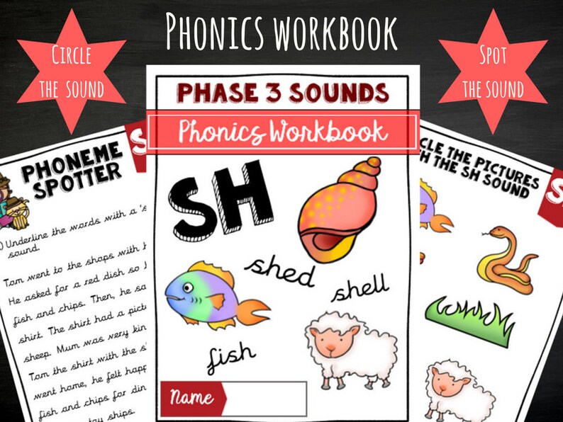May include: A printable phonics workbook for kids learning the "sh" sound. The workbook features colorful illustrations of a fish, a shell, a sheep, and a snake. The text includes the words "shed", "shell", "fish", and "shop".